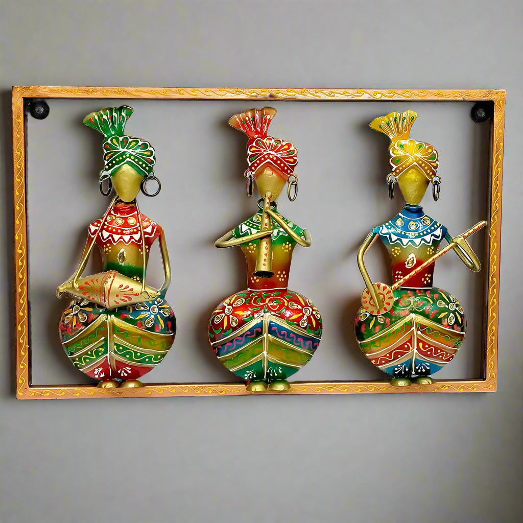 Metal Wall Art with 3 Musician Men Playing Instruments – Handpainted, Rajasthani Folk Style