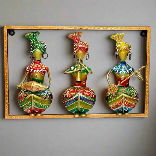 Metal Wall Art with 3 Musician Men Playing Instruments – Handpainted, Rajasthani Folk Style