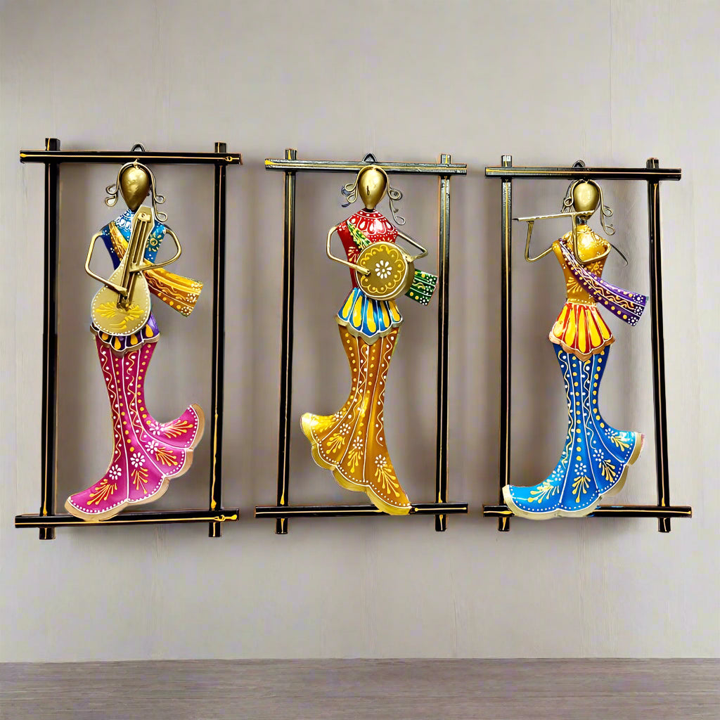 Multicolor Metal Wall Hanging – Set of 3 Frames Featuring Musical Lady Figures in Vibrant Traditional Attire