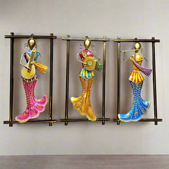 Multicolor Metal Wall Hanging – Set of 3 Frames Featuring Musical Lady Figures in Vibrant Traditional Attire