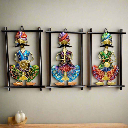Set of 3 Metal Wall Art featuring traditional Rajasthani figurines, perfect for wall décor, Diwali decoration, and festive gifting. Elegant and cultural design.