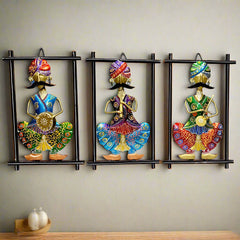 Set of 3 Metal Wall Art featuring traditional Rajasthani figurines, perfect for wall décor, Diwali decoration, and festive gifting. Elegant and cultural design.