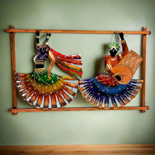 Dancing Couple Metal Wall Art featuring Rajasthani Folk Dance Theme, intricately handcrafted with traditional attire and vibrant colors.