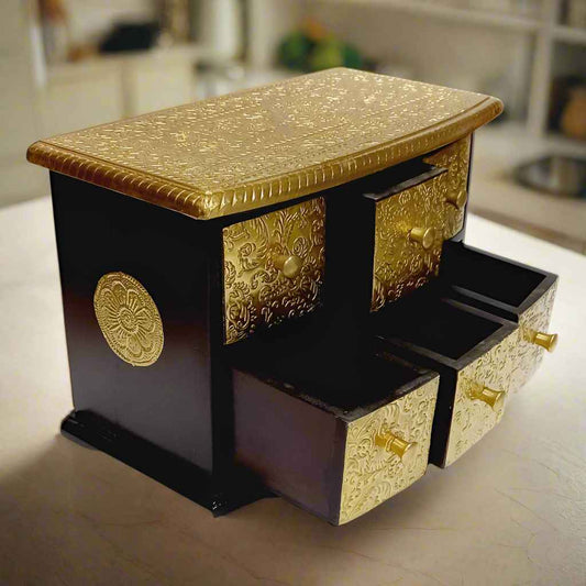 Handmade Wooden Drawer Box with Ornate Brass Sheets – Elegant and Functional Decor