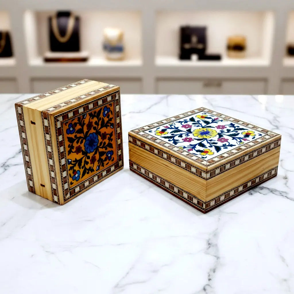 Handcrafted Square Wooden Jewellery Box with Blue Pottery Tile Inlay