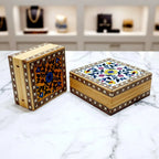 Handcrafted Square Wooden Jewellery Box with Blue Pottery Tile Inlay