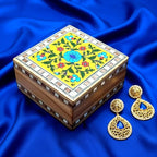 Handcrafted Square Wooden Jewellery Box with Blue Pottery Tile Inlay