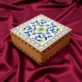 Handcrafted Square Wooden Jewellery Box with Blue Pottery Tile Inlay