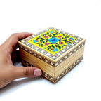 Handcrafted Square Wooden Jewellery Box with Blue Pottery Tile Inlay
