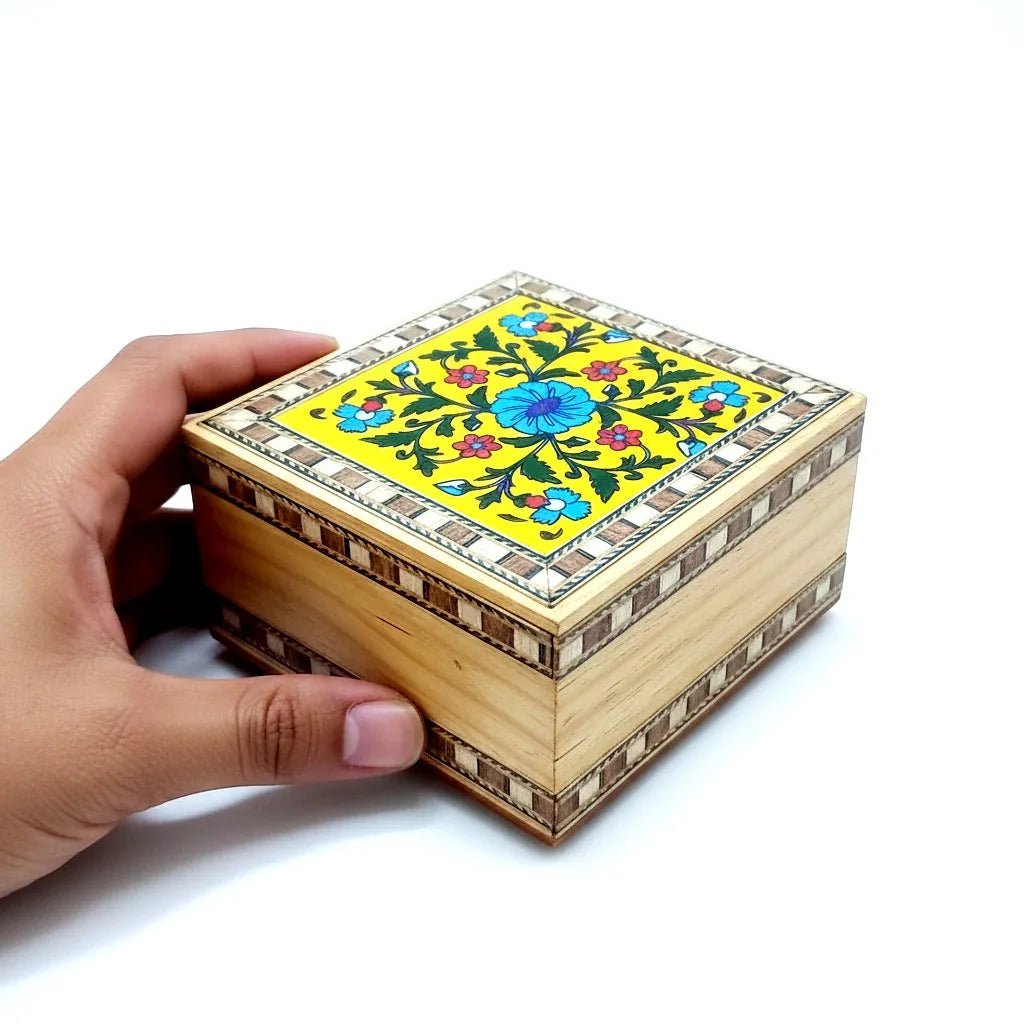 Handcrafted Square Wooden Jewellery Box with Blue Pottery Tile Inlay