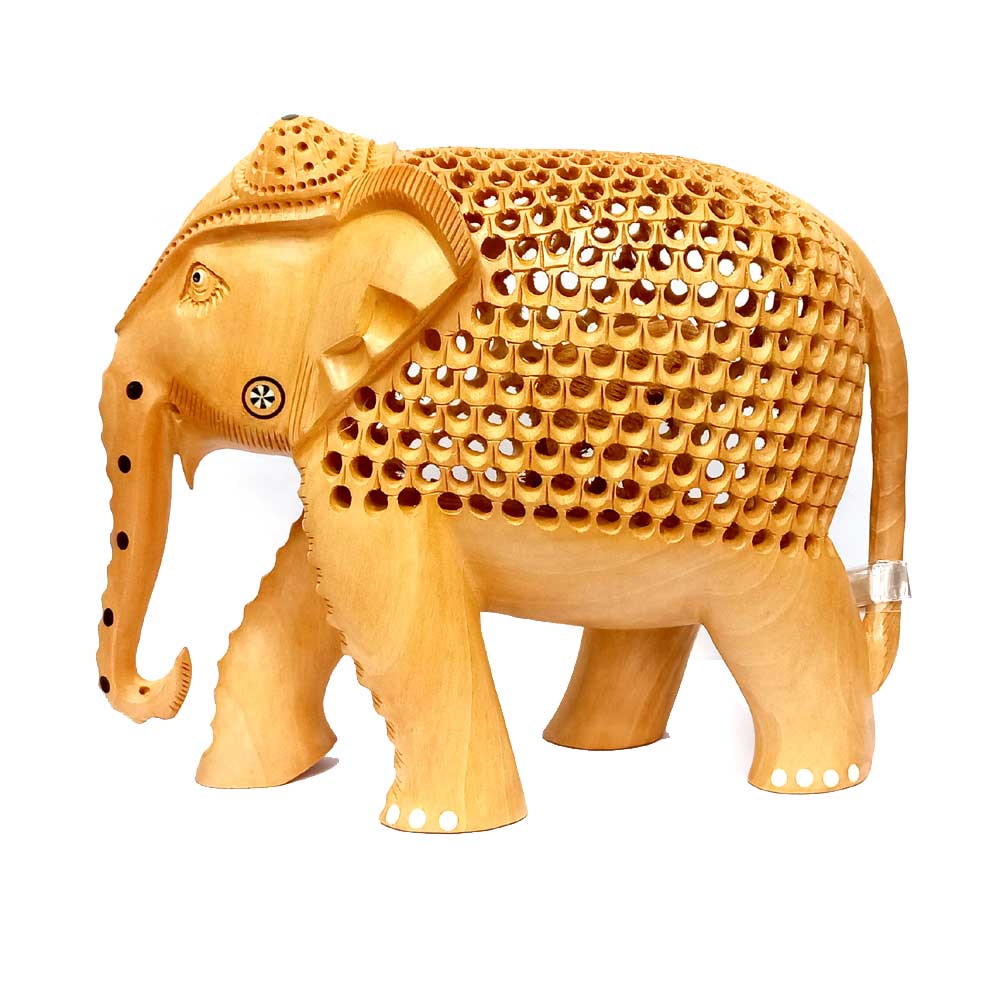 A 20cm wooden elephant figurine with beautiful Jali work, perfect for home decor.