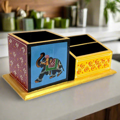 A 25cm wooden table organizer that conveniently stores pens, markers, and cards for office use.