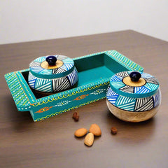 A 28cm wooden serving set with two containers and trays, featuring a beautiful assorted color painting.