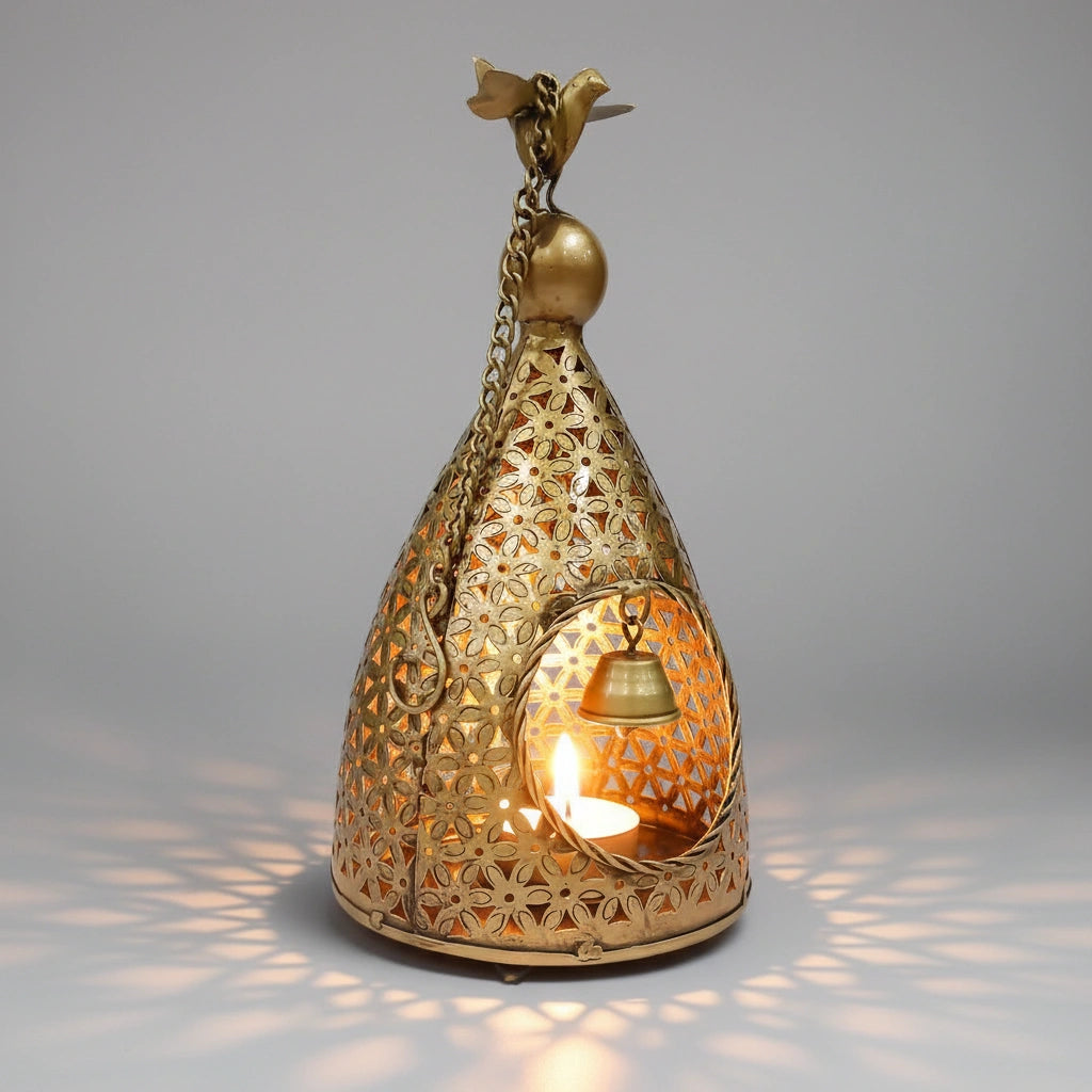 Tall 30cm metal bird nest candle holder with golden oxidized finish for living room decor.