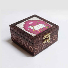 Closeup of brass lock on 4x4 inch Pichwai design wooden jewellery box