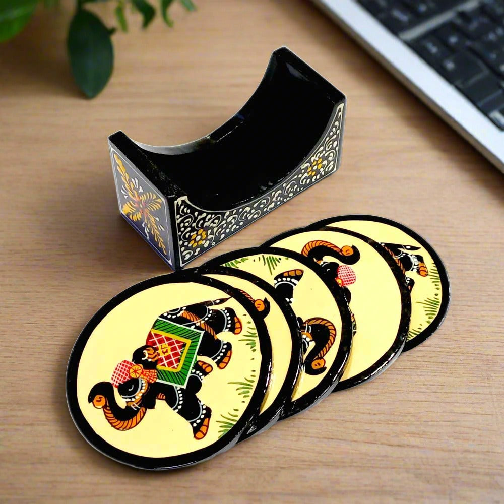 A 6-piece wooden coaster set with a holder that has beautiful white and yellow emboss painting.