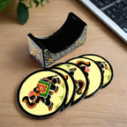 A 6-piece wooden coaster set with a holder that has beautiful white and yellow emboss painting.