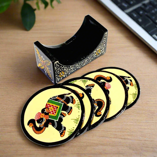 A 6-piece wooden coaster set with a holder that has beautiful white and yellow emboss painting.