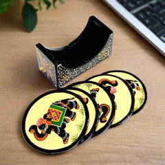 A 6-piece wooden coaster set with a holder that has beautiful white and yellow emboss painting.