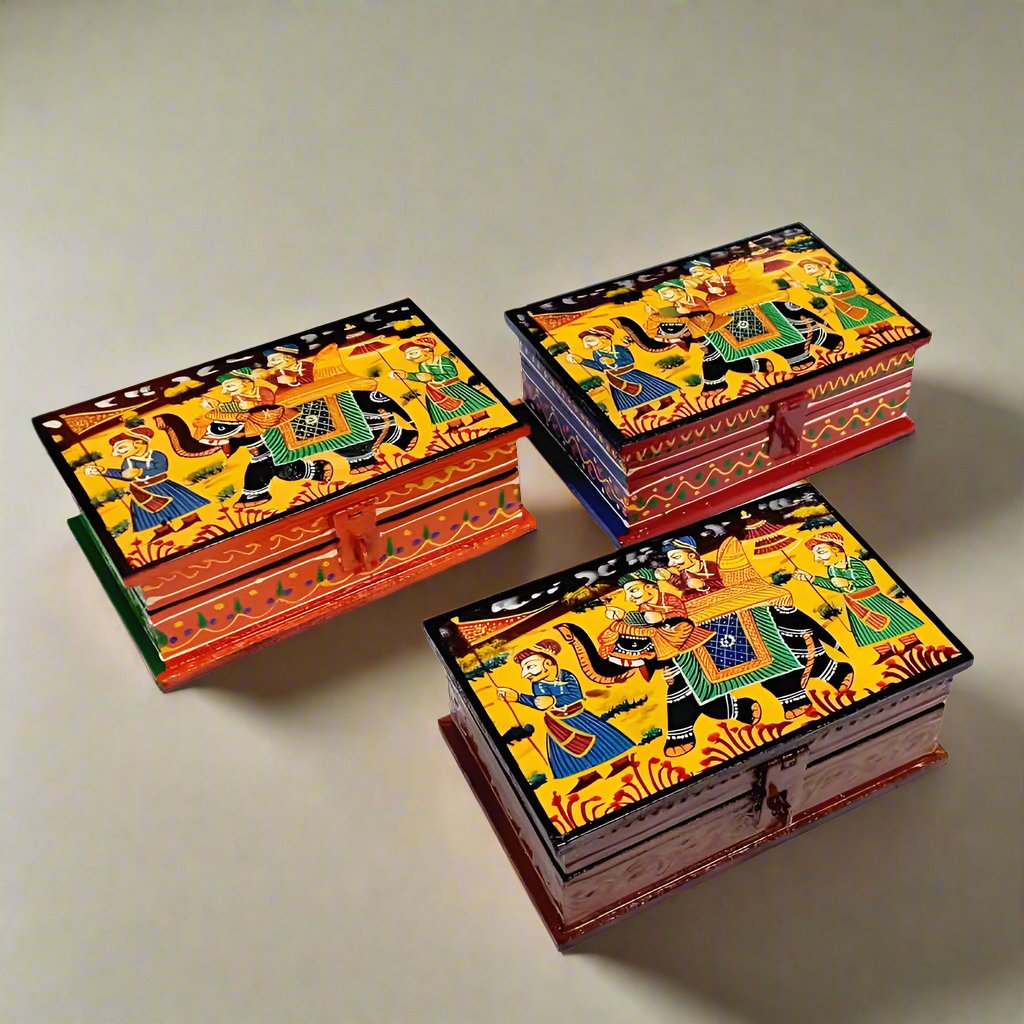 A group of 6x4 inch wooden jewelry boxes in assorted vibrant colors with hand-painted details.