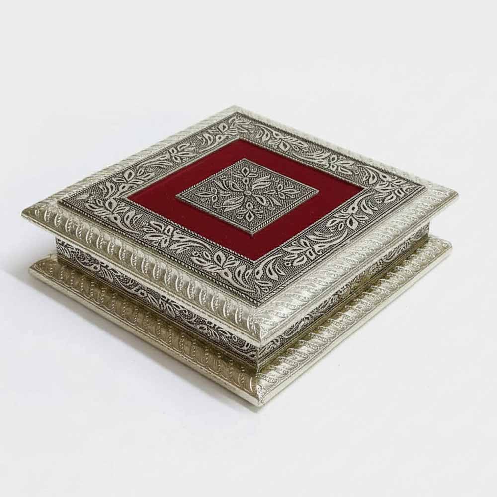 Front view of handcrafted 8x8 wooden dry fruit box with golden oxidized floral sheet