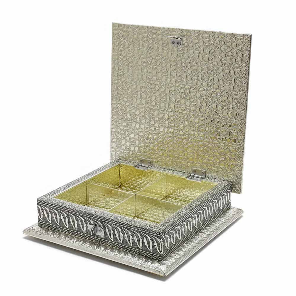 Open 8x8 inch wooden dry fruit box showing 4 internal partitions for storage