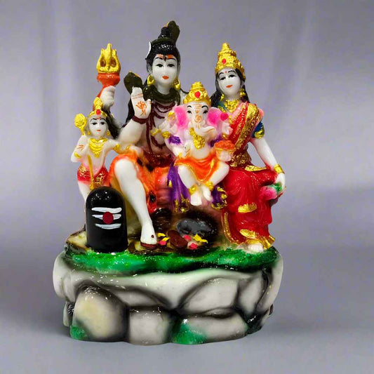 Hand-painted resin statue of the Shiva family featuring Lord Shiva, Parvati, Ganesha, and Kartikeya in vibrant traditional colors.