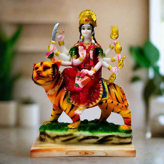 Resin idol of Sherawali Maa Durga riding a lion, hand-painted with vibrant colors and intricate detailing.