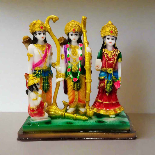 Hand-painted resin Ram Darbar statue featuring Lord Ram, Sita, Laxman, and Hanuman in a vibrant, devotional setting.
