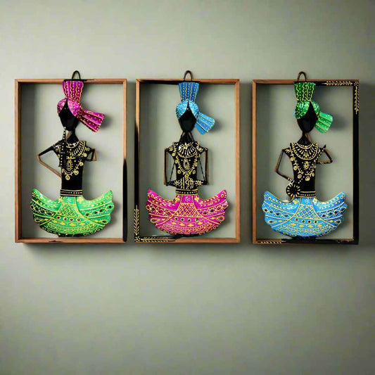 Musician Metal Wall Art – Set of 3 panels featuring traditional Indian musicians playing instruments, handcrafted in metal with intricate detailing and vibrant colors. Ideal for wall decor or gifting.