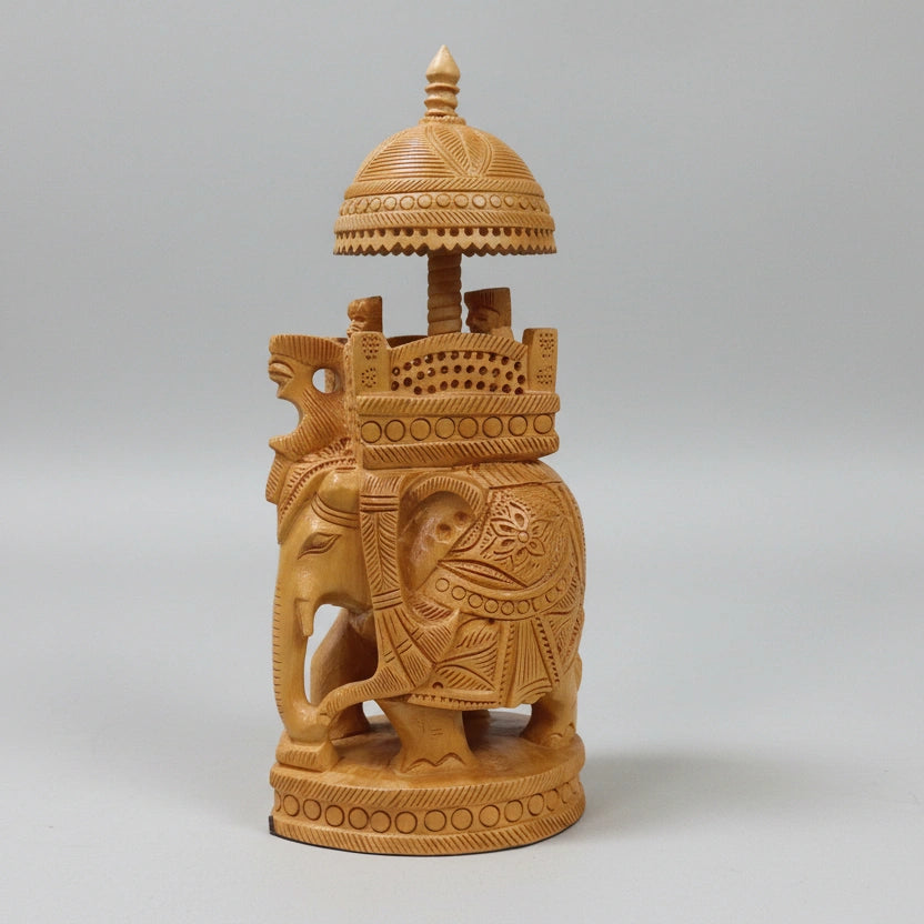 23cm hand-carved wooden Ambabadi Hathi featuring a King on an elevated throne.