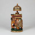 23cm hand-painted wooden Ambabadi elephant statue featuring a King and Queen in a royal canopy.