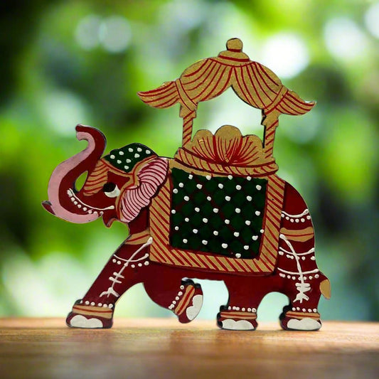 Hand-painted wooden Ambabari elephant fridge magnet with vibrant colors