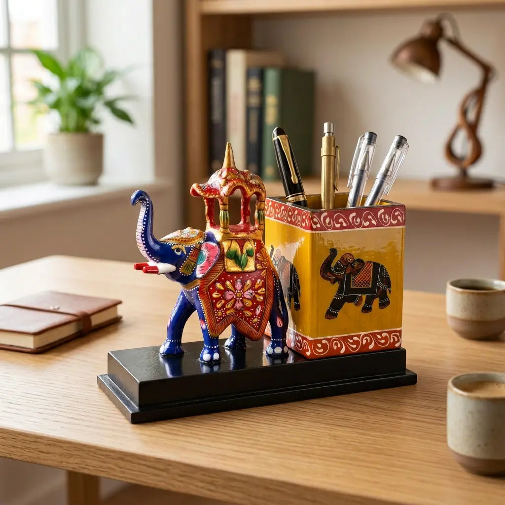 Angled view of a Meenakari Ambabari elephant and yellow pen holder on a wooden desk near a window