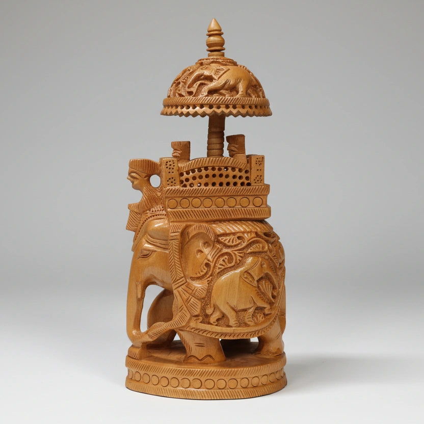 High-relief 23cm Ambabari elephant figurine featuring a 360-degree round-carved wooden body.