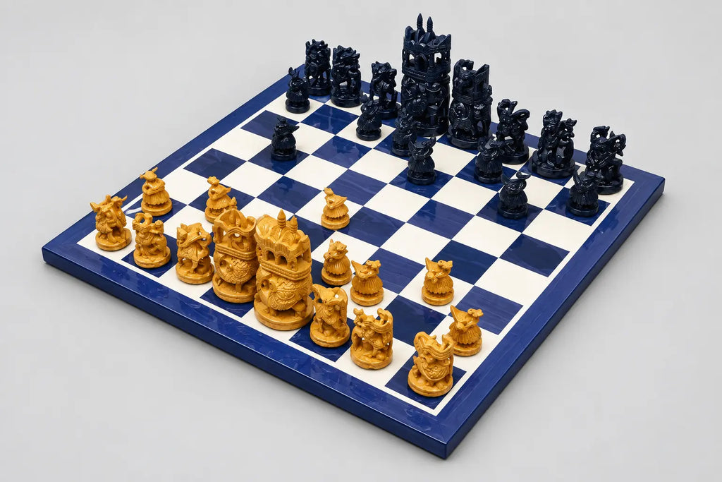 Ambabari wooden chess set with natural wood-toned and black carved pieces arranged on opposite sides of the board