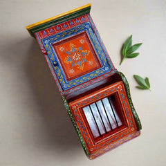 Multicolor hand-painted wooden wall-mounted organizer for keys and documents