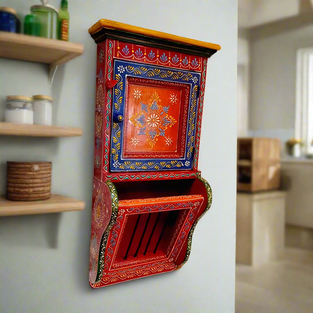 Functional wooden paper and key holder with artistic hand-painted details