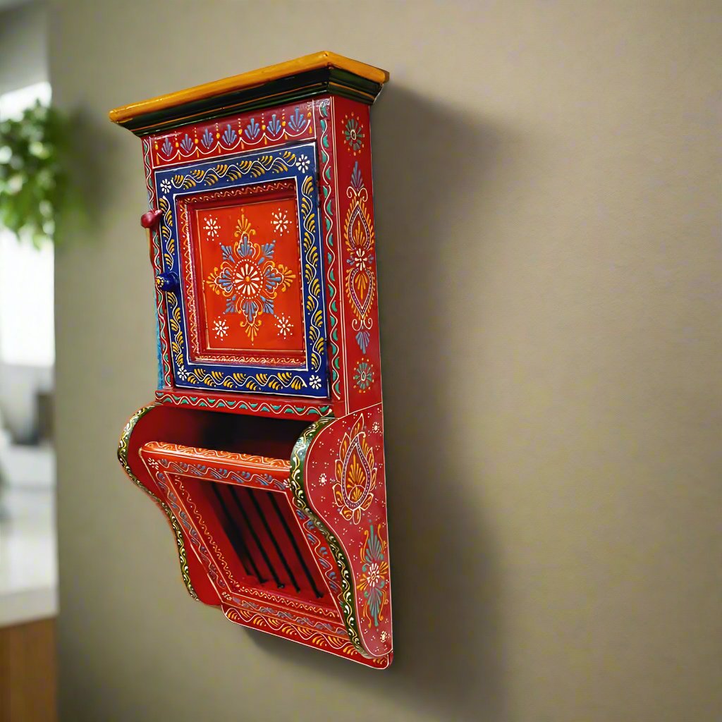 Wooden wall decor with hooks and organizer, multicolor hand-painted handicraft