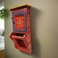 Wooden wall decor with hooks and organizer, multicolor hand-painted handicraft
