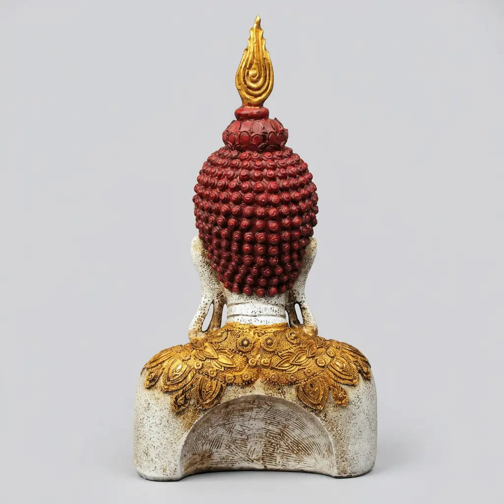 Rear view of resin Buddha bust showing maroon sculpted curls, a gold-tone flame finial and patterned shoulder decoration