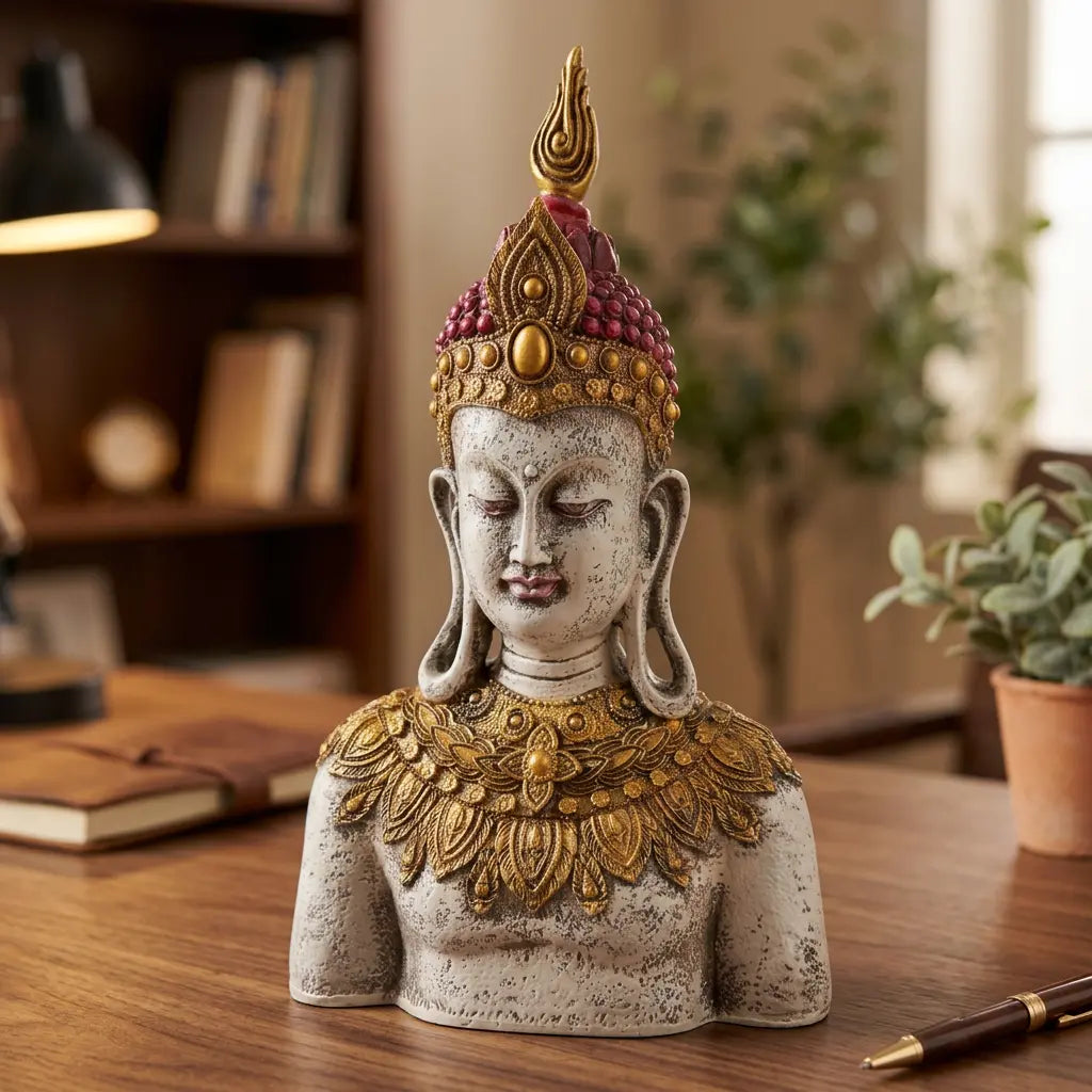 One-foot-tall resin Buddha bust displayed on a wooden desk, featuring a meditative expression and gold-tone detailing