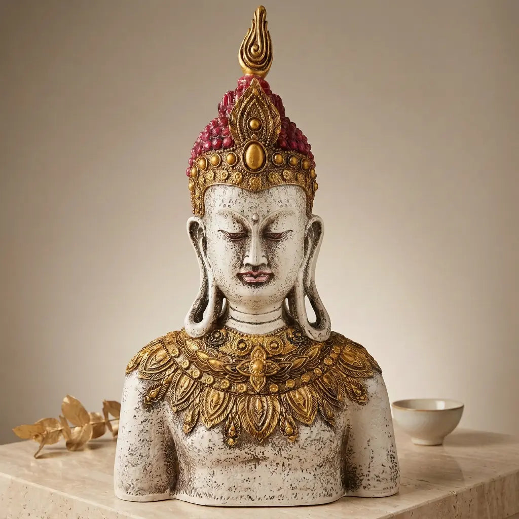 Front view of antique-look resin Buddha bust with an ivory-tone face, maroon headpiece and ornate gold-tone collar
