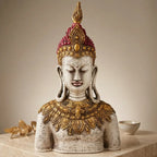 Front view of antique-look resin Buddha bust with an ivory-tone face, maroon headpiece and ornate gold-tone collar
