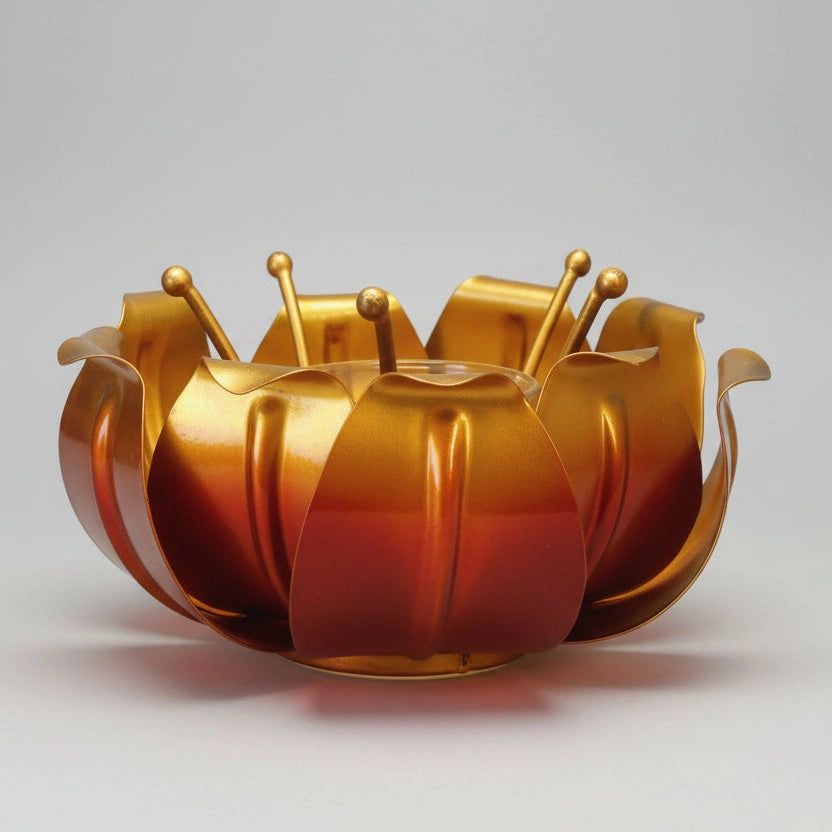 Close-up of the central glass holder inside the metal lotus petal design.