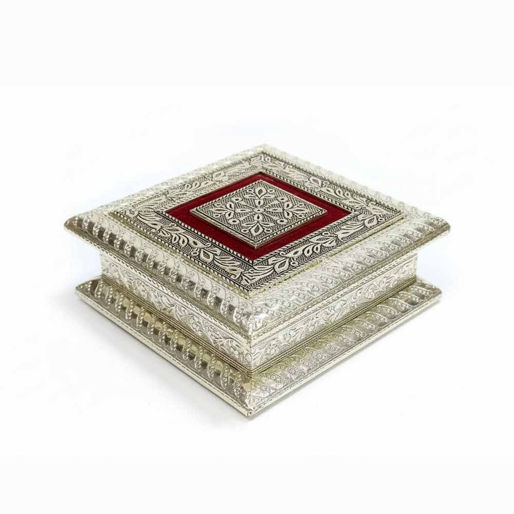 Artisan handmade wooden partition box for dry fruits, 15cm square table decor from Jaipur