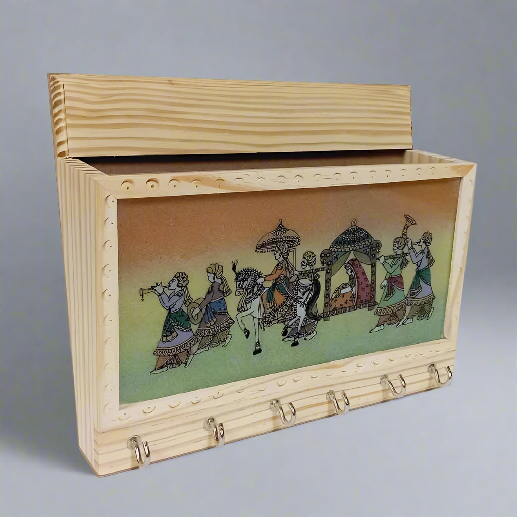 Stylish and functional paper cum key holder – handcrafted in pine wood with gemstone detailing