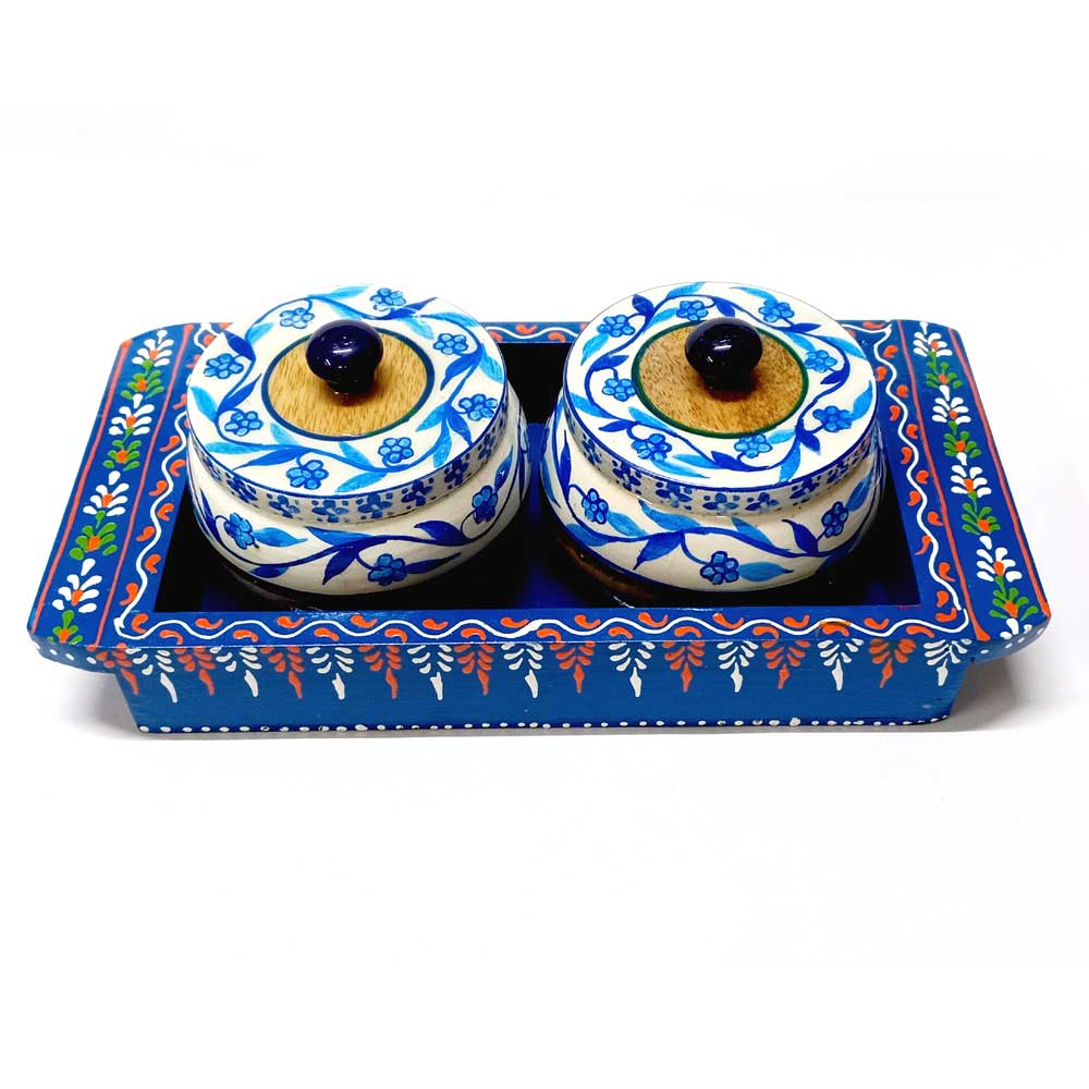 An artisan wooden kitchen tray with two bowls, hand-painted with an amazing design.