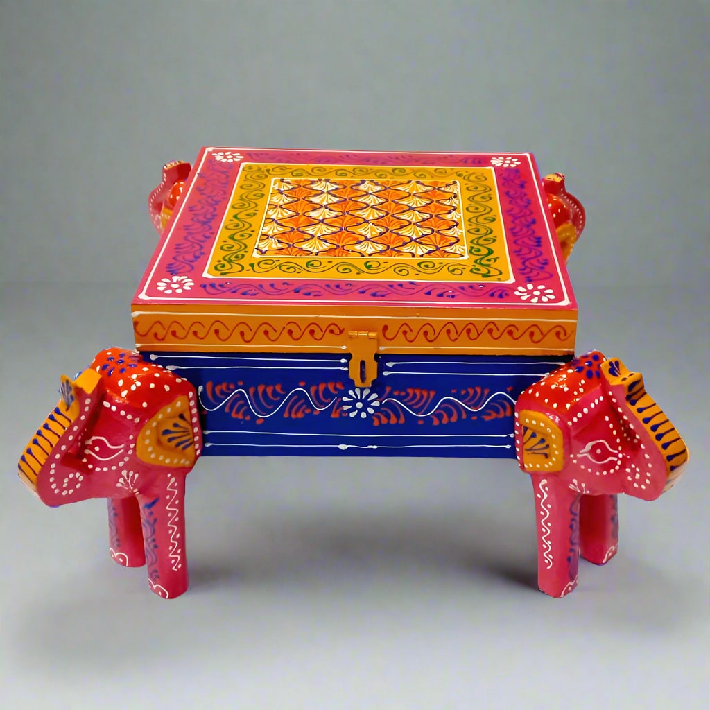 Rustic wooden jewelry box with embossed texture and elephant artwork, offering both style and practical storage.