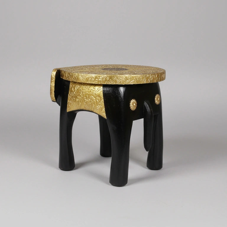 Premium wooden plant stand in elephant shape with artisanal brass sheet overlay.